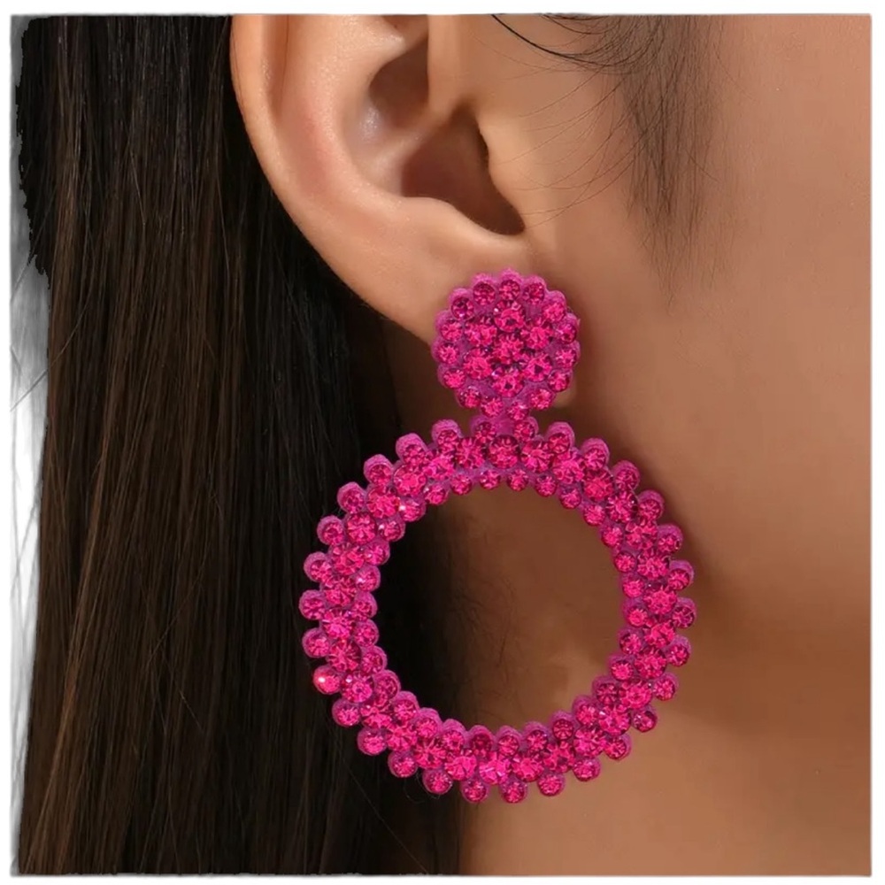 Pink Rhinestone Hollow Hoop Drop Style Earrings